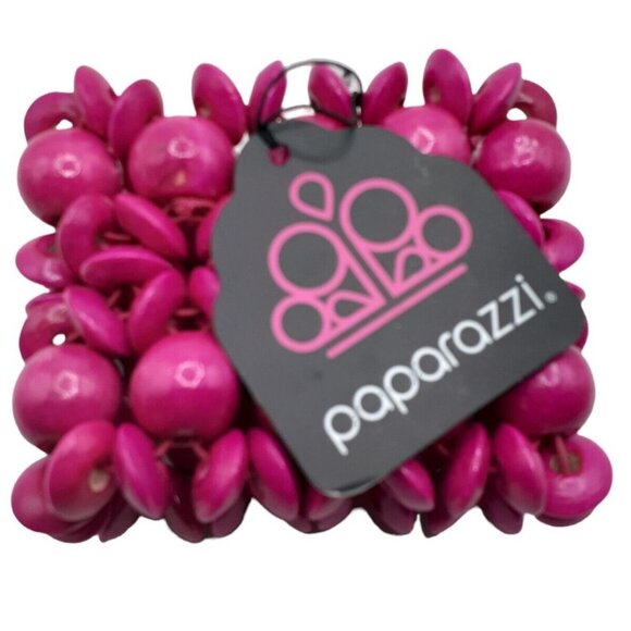 Hot Pink Wood Beaded Bracelet By Paparazzi Wide Stretch Bracelet New Barbiecore - Picture 1 of 3